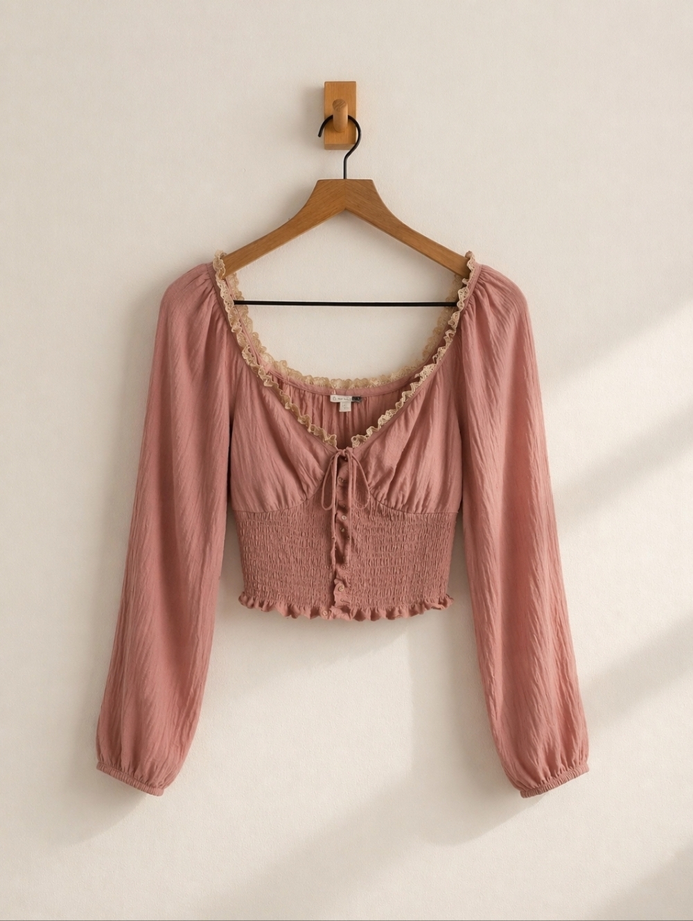 ILLA ILLA Boho Dusty Rose/Peach Smocked Cropped  Lace Trim Tie Front Top